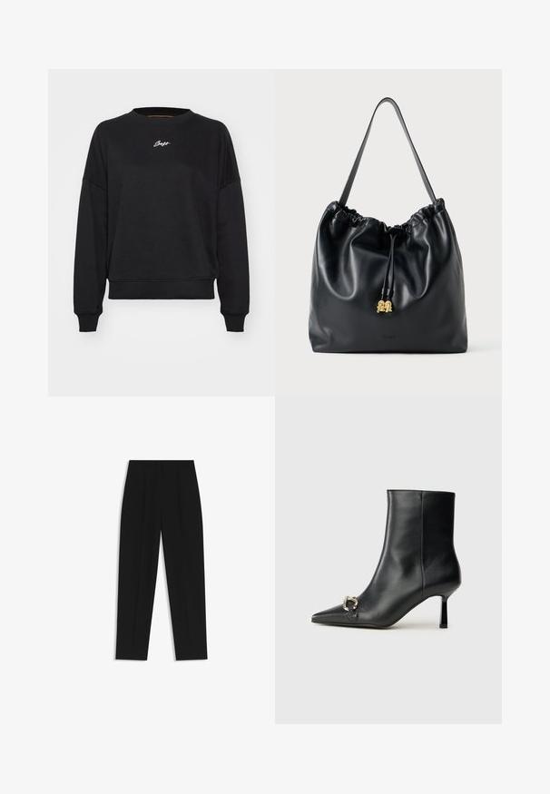 Sudadera negra con cuello redondo, hombros caídos y puños acanalados. Presenta un sutil bordado de logo blanco en el pecho. Textura de tela suave.; Pantalones negros de corte recto, con doble pinza, textura suave y un diseño de cinturilla clásica. Sin hardware o acentos visibles.; Botín negro de cuero hasta el tobillo con punta afilada, tacón delgado de altura media y detalle de hebilla plateada en el lateral, sobre un fondo liso.; Bolso de drawstring de cuero negro con textura suave, parte superior recogida y sutil herrajes dorados. Cuenta con una sola correa resistente y un logo en relieve.