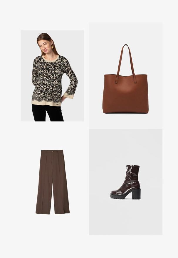 Pletený svetr v béžové barvě s propracovaným černým paisley vzorem, kulatým výstřihem a dlouhými rukávy. Obsahuje zvlněný lem a štítek na spodní části.; Hnědé kalhoty s širokými nohavicemi z texturované látky, s předním záhybem a zapínáním na jeden knoflík v pase.; Lesklá bordó kotníková bota s masivním černým podpatkem, se hladkým povrchem a jednoduchým designem. Žádné viditelné zapínání ani vzory.; Hnědá kožená taška přes rameno s hladkou texturou, otevřeným designem a dvěma ramenními popruhy. Obsahuje minimální švy a žádné viditelné kovové prvky.