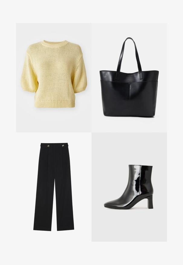 Suéter amarelo de malha com decote redondo, mangas curtas em balão e barra canelada. A textura é em malha solta, proporcionando um aspeto casual.; Calças largas pretas com cintura alta, detalhes em botão na cintura e pregas frontais.; Botim de tornozelo em pele sintética preta com bico apontado e salto bloco de altura média. Textura suave e design minimalista.; Bolsa tote preta em couro com duas alças longas, textura suave e forma estruturada. Apresenta um bolso frontal para armazenamento adicional.