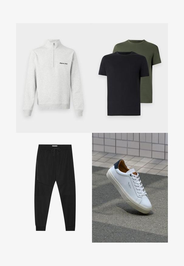 Ljusgrå sweatshirt med halvdragkedja och "Original Studio" broderat i svart på framsidan, visad mot en vit bakgrund.; Två crew-neck t-shirts i svart och olivgrön, tillverkade av mjukt bomullstyg. Designen är enkel med korta ärmar och rak passform.; Svarta träningsbyxor i texturerad tyg, med justerbart midjeband, ficka med dragkedja på sidan och avsmalnande muddar.; Vita lädersneakers med en marinblå häl, rund tå och kontrasterande bruna detaljer. Har plana snören och en texturerad gummisula.