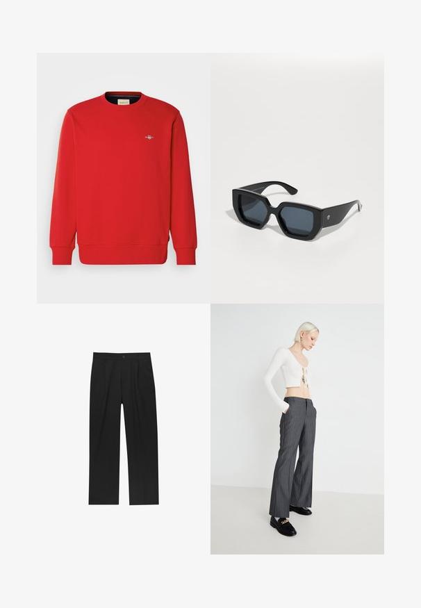 Rode sweatshirt met lange mouwen, ronde hals en geribbelde manchetten. Voorzien van een klein logo op de borst. Gemaakt van een gladde, gemengde stof.; Rood-wit geruite blouse met lange mouwen, een doorlopende knoopsluiting, twee borstzakken en manchetafwerking. Lichtgewicht, gestructureerde stof.; Zwarte broeken met een recht model, gemaakt van een gladde stof. Voorzien van een voorplooien en een enkele knoopsluiting bij de taille.; Witte geribbelde cropped top met strikdetail, gedragen bij grijze gestreepte wijde broek. Model draagt zwarte loafers met gouden accenten en staat op een effen achtergrond.; Zwarte oversized zonnebril met een geometrisch ontwerp, rechthoekige lenzen en een glanzende afwerking. Geen zichtbare branding aan de voorkant.; Gouden metalen horloge met een zwarte wijzerplaat, luminescerende markers en drie sub wijzerplaten. Beschikt over een gestructureerde band en het "HILFIGER" logo in het midden.; Gouden kruisoorbellen met een gladde afwerking en een hanglus, met een eenvoudig, langwerpig ontwerp. Elk kruis heeft een uniforme maat.