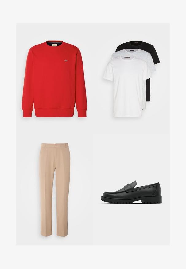 Sarkana džemperis ar garām piedurknēm, apaļu kakla izgriezumu un ribotiem aprocēm. Uz krūtīm ir neliela logo. Izgatavots no gludas, maisījuma auduma.; Trīs apļa kakla T-krekli balts, gaiši pelēks un melns. Izgatavoti no mīksta kokvilnas, ar īsām piedurknēm un brīvu piegriezumu.; Bēgi bikses, kas izgatavotas no gludas auduma, ar taisnu kāju dizainu, priekšējo pogu aizdari un smalkiem krokām gar priekšpusi.; Melnas ādas loafers ar noapaļotu purngalu, ar izšūtu dizainu, zemu platformas zoli un teksturētu, rievotu gumijas ārējo zoli.