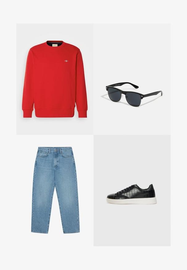 Sweatshirt rouge à manches longues, col rond et poignets côtelés. Présente un petit logo sur la poitrine. Fabriqué à partir d'un tissu lisse et mélangé.; Jean large en denim bleu clair avec taille haute, dotés de cinq poches, passants de ceinture et d'une texture douce légèrement délavée.; Baskets noires avec un dessus en cuir gaufré effet crocodile, bout rond et semelle en caoutchouc blanc contrastant avec une finition lisse.; Lunettes de soleil noires de forme rectangulaire, verres foncés, accents argentés aux tempes et finition mate sur la monture.