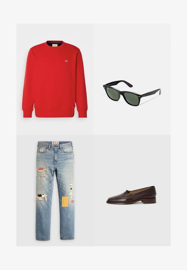Rode sweatshirt met lange mouwen, ronde hals en geribbelde manchetten. Voorzien van een klein logo op de borst. Gemaakt van een gladde, gemengde stof.; Lichtblauwe denim jeans met een relaxte pasvorm, voorzien van versleten patches in verschillende kleuren en patronen, waaronder oranje en rode accenten.; Bruine leren loafers met een iets puntige neus, lage gestapelde hak en decoratieve stiksels op de bovenkant. Glad van textuur, minimalistisch design.; Zwarte plastic zonnebril met groene lenzen, vierkante montuur, zilveren accent op de wenkbrauw en een gestructureerde tempel. Merken vermeld op de binnenkant van de arm.