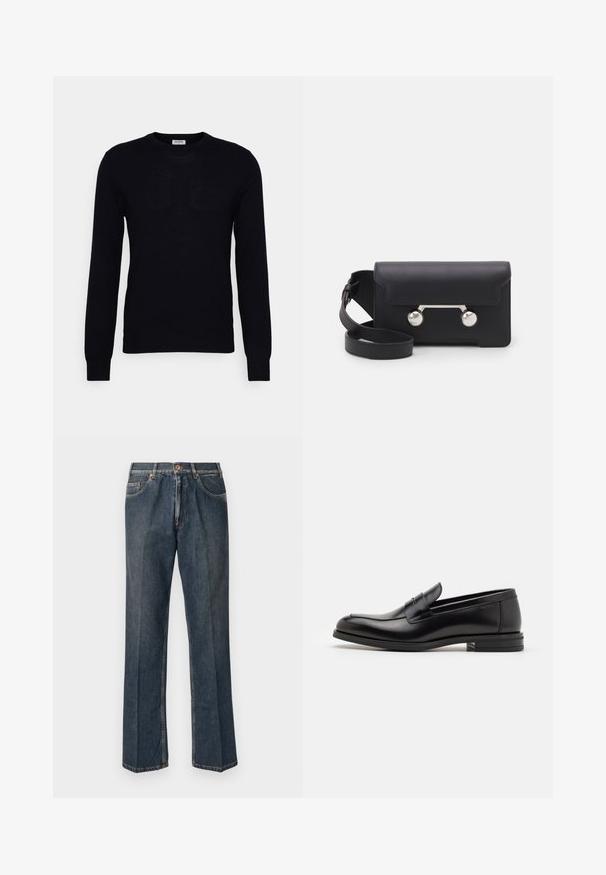 Black long-sleeve sweater made from soft knit material. Round neckline, ribbed cuffs and hem. Minimalist design with no visible patterns or buttons.; Dark blue straight-leg denim jeans with front button, zip fly, double front pockets, and visible vertical creases down the legs.; Black leather loafers with a smooth texture, rounded toe, and a decorative strap across the vamp. Low stacked heel, minimalist design.; Black leather crossbody bag with a flap closure, silver-tone hardware, and two round accents. Features a detachable strap. Smooth texture.