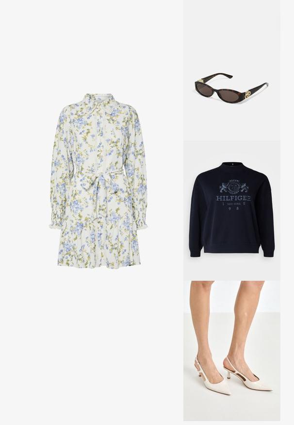 Navy blue sweatshirt made of cotton featuring a textured logo print, crew neck, and ribbed cuffs and hem.; Floral dress in white with blue and green flowers, featuring a collar, button-down front, long sleeves with elastic cuffs, and a waist tie.; Beige patent leather slingback heels with a pointed toe and 5 cm heel, featuring cut-out sides and a thin ankle strap.; Tortoiseshell sunglasses with elongated oval lenses, brown tint, gold logo accents on temples, and sleek black arms.; Beige patterned handbag with a curved shape, leather accents, and a gold-tone logo on the front. Features a short handle for easy carrying.