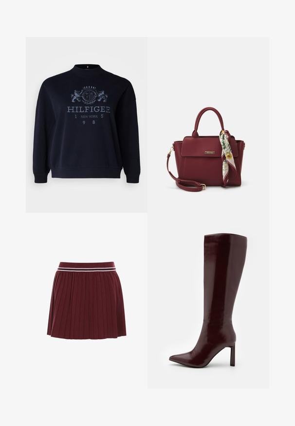 Navy blue sweatshirt made of cotton featuring a textured logo print, crew neck, and ribbed cuffs and hem.; Burgundy pleated skirt with a knit waistband featuring a white and dark burgundy stripe. Soft texture, short length.; Even&Odd Boots - dark red; Burgundy handbag made of synthetic material with a structured design, featuring a detachable strap and a floral-patterned scarf tied to the handle.