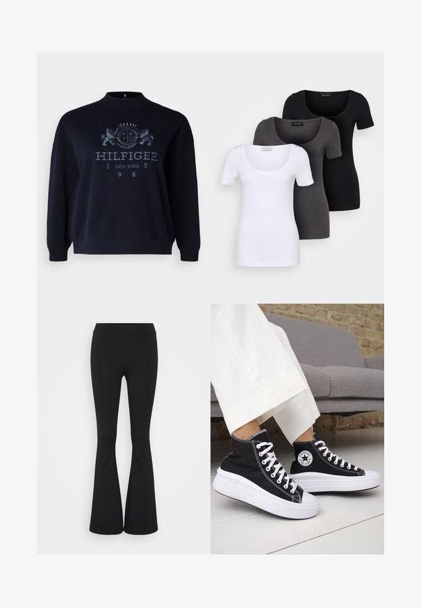 Navy blue sweatshirt made of cotton featuring a textured logo print, crew neck, and ribbed cuffs and hem.; Three fitted T-shirts in white, gray, and black. Each features a wide scoop neckline and short sleeves. Made from smooth, stretchy fabric.; Black flared pants made of stretchy fabric, featuring a high waistband and a smooth texture. The pants flare out from the knee.; Black high-top sneakers with white rubber soles and laces. Features a round logo patch and contrasting white stitching. Canvas material.