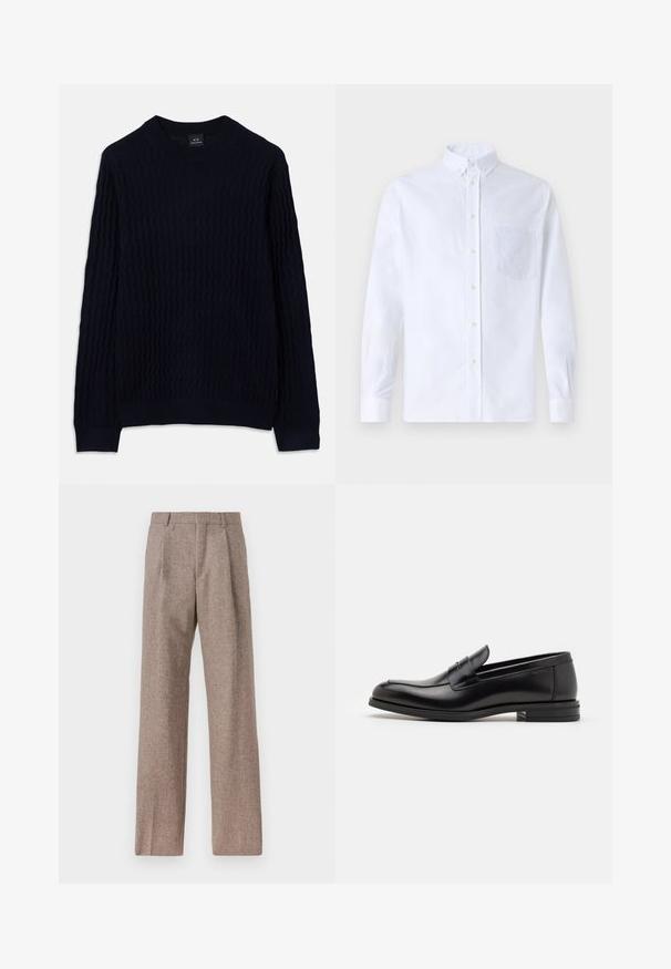 Maglione blu navy a maniche lunghe con un motivo a coste ondulato e collo a girocollo, polsini e fondo a coste di Armani Exchange.; Camicia bianca a maniche lunghe con bottoni, realizzata in cotone, caratterizzata da una tasca sul petto con ricamo tonale, colletto e polsini con bottoni.; Pantaloni marroni a vita alta realizzati in tessuto testurizzato. Presentano gambe ampie e due pieghe frontali per struttura. Rifinitura curata senza hardware visibile.; Mocassini neri in pelle con una texture liscia, punta arrotondata e una striscia decorativa sulla tomaia. Tacco basso impilato, design minimalista.