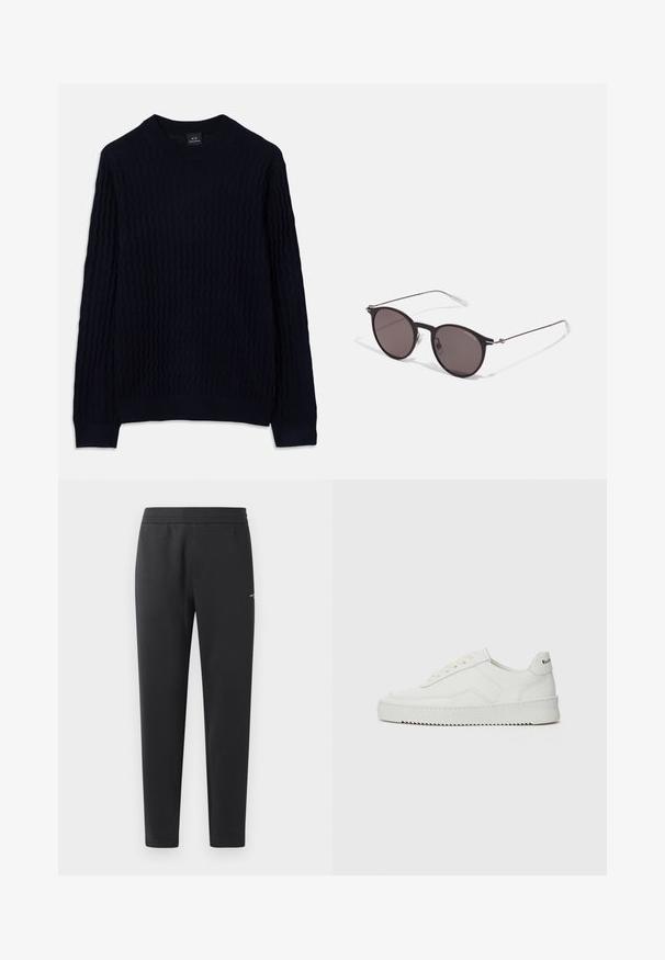 Marineblauwe trui met lange mouwen van Armani Exchange, met een gestructureerd golvend breipatroon en een geribbelde ronde halslijn, manchet en onderrand.; Zwarte joggingsbroek gemaakt van zachte stof, met een elastische tailleband, rechte pijpen en een klein logo detail aan de zijkant.; Witte leren sneaker met een gladde afwerking, ronde neus, platte veters en een gestructureerde zool. Kenmerkt zich door een subtiel logo op de hiel.; Zwarte ronde zonnebril met donkere lenzen en slanke metalen armen. Inclusief heldere tempelpunten en zilveren accenten bij de scharnier. Minimalistisch ontwerp.