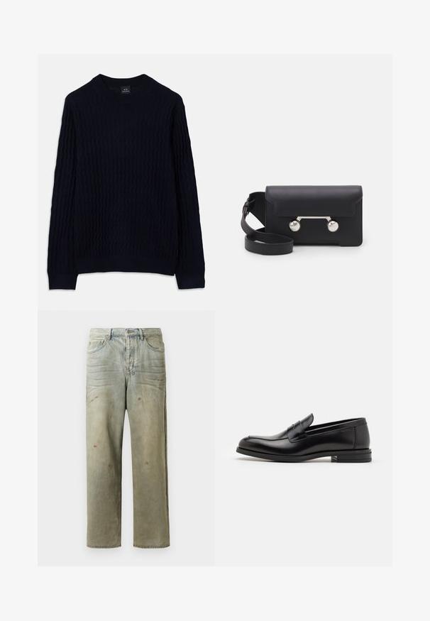 Pulover bleumarin cu mânecă lungă, cu un model texturat de tricot ondulat și guler, manșete și tiv rib pentru Armani Exchange.; Jeans din denim uzat, de culoare verde deschis, cu un croi drept, design cu cinci buzunare, și decolorare inegală cu stropi de vopsea.; Mocasini din piele neagră cu o textură netedă, vârf rotund și o curea decorativă peste partea superioară. Toc mic, design minimalist.; Geantă din piele neagră, tip crossbody, cu închidere prin clapetă, accesorii din metal de culoare argintie și două accente rotunde. Dispune de o curea detașabilă. Textură netedă.