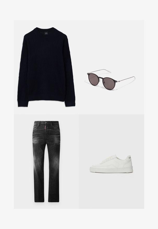 Meriino sininen pitkähihaisen neuleen, jossa on rakenneripsurekisteri ja ribbatut pääntie, hihansuut ja helma, valmistaja Armani Exchange.; Mustat denimfarkut suoralla istuvuudella. Ominaisuuksiin kuuluu haalistuneita alueita, pieniä kulumia, klassinen viiden taskun malli sekä nappisulku.; Valkoinen nahkakenkä, jossa on sileä pinta, pyöreä kärki, tasaiset nauhat ja teksturoitu pohja. Sisältää huomaamattoman logon kantapäässä.; Musta pyöreä aurinkolasit tummilla linsseillä ja kapeilla metallikehyksillä. Sisältää kirkkaat temppelet ja hopeiset yksityiskohdat saranassa. Minimalistinen muotoilu.