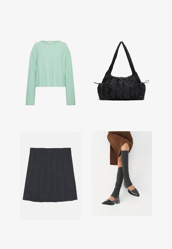 Hellgrüner, taillierter Pullover mit gerippter Textur, langen Ärmeln und markanten diagonalen Mustern am Körper und an den Ärmeln.; Dunkelgrauer, plissierter Rock mit elastischem Bund, aus einem strukturierten Stoff und in klassischer A-Linie. Geeignet für die Freizeit.; Schwarze lacklederne spitze Schuhe mit Blockabsatz und Knöchelriemen, kombiniert mit grauen gerippten Beinstulpen und einem braunen Wildlederrock.; Schwarze Stoffhandtasche mit geraffter Textur, zwei Schulterträgern und Kordelzugverschluss an den Seiten. Glattes, leichtes Material.