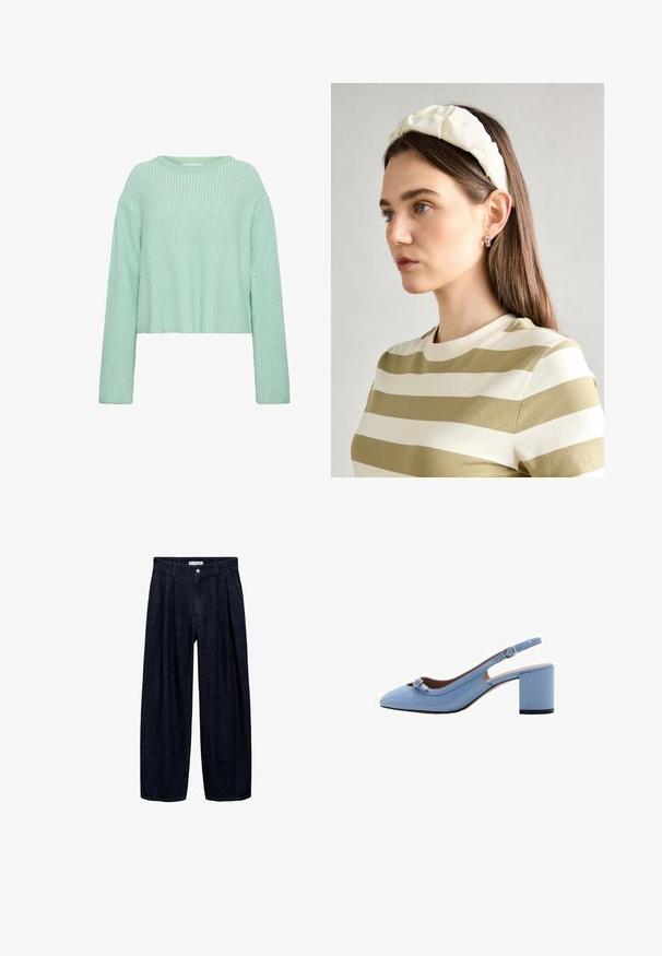Pulover scurt de culoare verde deschis, cu textură cu fălti, mâneci lungi și modele diagonale distincte pe corp și mâneci.; Pantaloni largi din denim închis, cu pliseuri la talie, având un button frontal și pasaje pentru curea. Textură netedă și design pe întreaga lungime.; Mango Pantofi clasici cu toc - dark blue; Bandă de cap din material moale, de culoare crem, cu un design răsucit, purtată alături de o bluză în dungi bej și albă, cu guler rotund. Accente discrete din bijuterii.