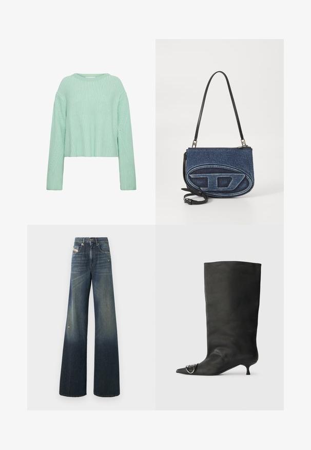Hellgrüner, taillierter Pullover mit gerippter Textur, langen Ärmeln und markanten diagonalen Mustern am Körper und an den Ärmeln.; Weit geschnittene Jeans aus Denim in Dunkelblau mit einem ausgewaschenen Finish, mit einem abgenutzten Knie und klassischem Fünf-Taschen-Design mit Label.; Schwarze Leder-Ankle Boots mit spitzem Zehenbereich, kleinem Absatz und metallischen Akzenten an der Spitze. Sanfte, matte Textur im gesamten Schuh.; Jeansumhängetasche mit schwarzem Lederträger, ovalem Logo auf der Vorderseite und einem Reißverschlussverschluss an der Oberseite. Strukturierte Oberfläche.
