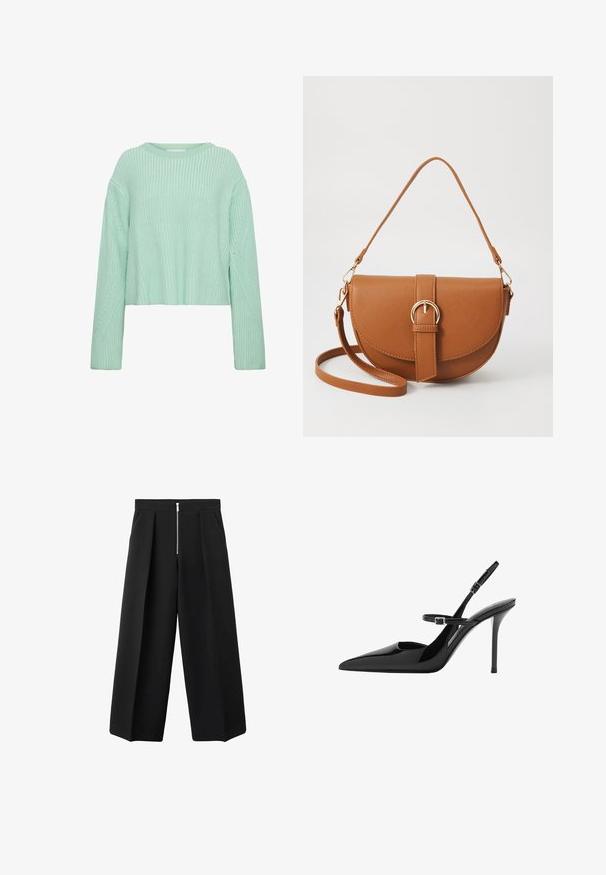Maglione cropped verde chiaro con texture a coste, maniche lunghe e motivi diagonali distintivi sul corpo e sulle maniche.; Pantaloni neri a gamba larga con pieghe frontali e una zip argentata a vista in vita, parte anteriore piatta e tasche laterali.; Slingback in vernice nera con tacco a stiletto, punta affusolata e cinturino regolabile. Superficie liscia con finitura lucida.; Borsa a tracolla in pelle marrone con forma curvata, hardware dorato e un dettaglio con fibbia. Presenta una tracolla rimovibile.