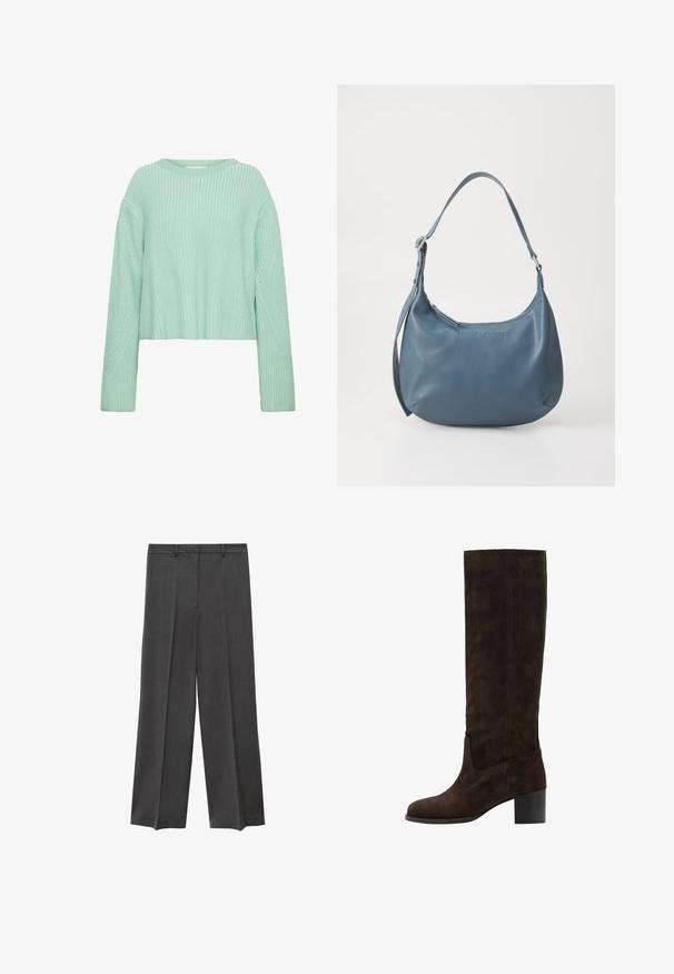Light green cropped sweater with ribbed texture, long sleeves, and distinctive diagonal patterns on the body and sleeves.; Gray wide-leg trousers with a smooth texture, pleated front, and belt loops. Made from a lightweight, woven fabric.; Brown suede knee-high boot with a square toe and block heel. Smooth texture and minimal stitching detail on the outer side.; Blue leather handbag with a rounded shape, single shoulder strap, zip closure, and embossed brand name on the front. Smooth texture.