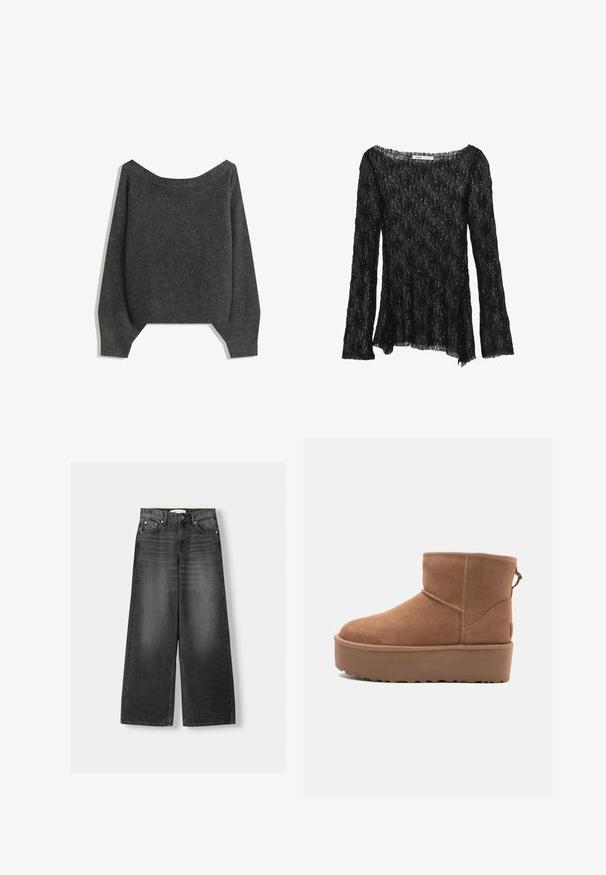 Czarnoszary sweter typu off-the-shoulder z prążkowanym dekoltem i bufiastymi rękawami, wykonany z teksturowanej dzianiny. Szczegóły krótkiego dołu.; Czarna koronkowa bluzka o luźnym kroju, z długimi rękawami i szerokim dekoltem. Posiada teksturowany wzór oraz subtelne akcenty brokatowe.; Jeans w szerokich nogawkach i wysokim stanem w ciemnoszarym denimp. Posiadają pięć kieszeni, metalowe nity i szlufki na pasek. Gładka tekstura z lekkim wyblaknięciem.; Beżowe zamszowe botki za kostkę z platformą, zaokrąglonym noskiem i akcentami w postaci przeszyć; posiadają pętelkę z tyłu dla ułatwienia zakładania.