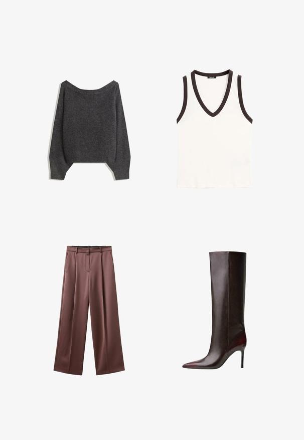 Czarnoszary sweter typu off-the-shoulder z prążkowanym dekoltem i bufiastymi rękawami, wykonany z teksturowanej dzianiny. Szczegóły krótkiego dołu.; Biała bezrękawnik z głębokim dekoltem w kształcie V oraz ciemno brązowym wykończeniem wokół dekoltu i otworów na ramiona.; Spodnie o szerokich nogawkach w ciemnobrązowym materiale o gładkiej teksturze, z przodu plisami i bocznymi kieszeniami. Dopasowany pas bez widocznego metalowego zapięcia.; Brązowy skórzany kozak do kolan z czubkiem w kształcie stożka, gładką teksturą i szpilkowym obcasem. Szwy biegnące wzdłuż boku.