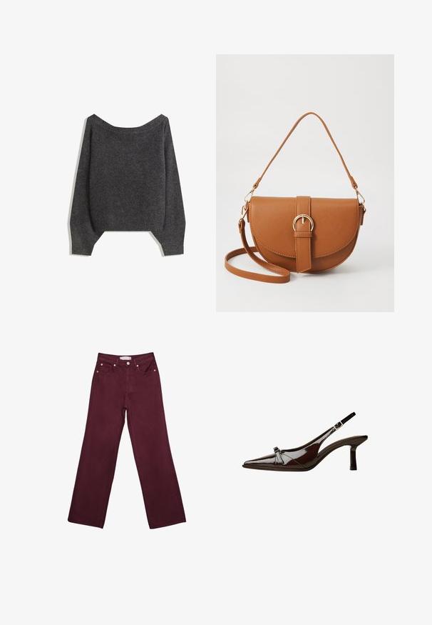 Tummanharmaa olkatoppa neule, jossa on ribbireunus ja pallohiha, valmistettu teksturoidusta neulekankaasta. Lyhennetty helma.; Burgundy korkeavyötäröiset farkut suoranlahkeisella designilla, joissa on etutaskut, nappisuljenta ja kuparinvärisiä varusteita.; Ruske patenttimuoviset slingback-kengät, joissa on terävä kärki, matala korko ja koristeellinen kaarroke etuosassa. Sileä, kiiltävä pinta.; Ruskean nahkainen olkalaukku, jossa on kaareva muoto, kultaiset yksityiskohdat ja solkiyksityiskohta. Varustettu irrotettavalla olkahihnalla.