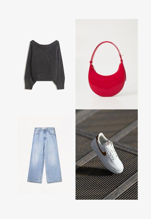 Czarnoszary sweter typu off-the-shoulder z prążkowanym dekoltem i bufiastymi rękawami, wykonany z teksturowanej dzianiny. Szczegóły krótkiego dołu.; Bershka WIDE jasnoniebieski denim; Biały skórzany sneaker z perforacjami, brązowe logo Nike oraz sznurowadła. Posiada teksturowaną podeszwę i wyściełany kołnierz.; Czerwona torebka z lakierowanej skóry, o zaokrąglonym kształcie, z krótkim uchwytem i zapięciem na zamek, charakteryzująca się gładką, błyszczącą fakturą.