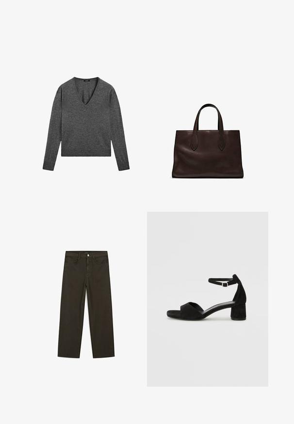Gray long-sleeve sweater with a V-neckline, made of soft knit fabric. Features ribbed cuffs and a slightly cropped hem.; Dark green wide-leg jeans made of cotton blend, featuring a front button closure, five pockets, and classic denim stitching.; Black suede heeled sandals with a thin ankle strap, open toe design, and a modest block heel. Smooth texture and minimal accents.; Brown leather tote bag with two elongated handles, structured rectangular shape, smooth texture, and subtle stitching details.