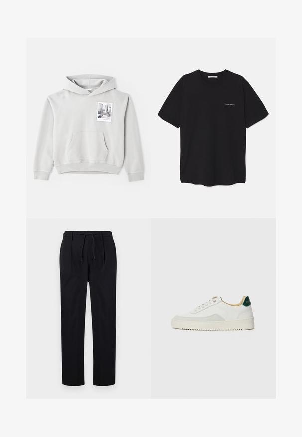 Light gray hoodie in soft fabric with a large front pocket and drawstring hood. Features a small photo print on the left chest area.; Black cotton T-shirt with a crew neck, short sleeves, and a white logo print on the left chest. Simple, solid color design.; Black trousers made of smooth fabric, featuring a drawstring waist, straight legs, and front pleats for a structured look.; White sneaker with suede accents, rounded toe, flat laces, and a cream rubber sole. Features green branding on the heel.