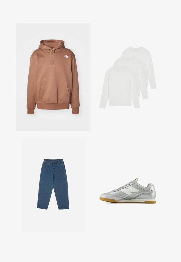 Barna kapucnis pulóver pamut keverékből, elülső zsebbel, húzózsinóros kapucnival és egy kis fehér logóval a mellkason. Puha tapintású.; Három hosszú ujjú póló szett egyszínű fehérben. Puha, könnyű anyagból készült, kerek nyakkal és egyszerű, díszítetlen dizájnnal.; Kék farmernadrág, laza szabással, magas derékkal, öt zsebes kialakítással és varrási díszítésekkel. Gombos és cipzáros záródással rendelkezik.; Ezüst sportcipő sima, fényes felülettel, fehér logóval az oldalon, texturált szürke fűzőkkel és rágógumi talppal.