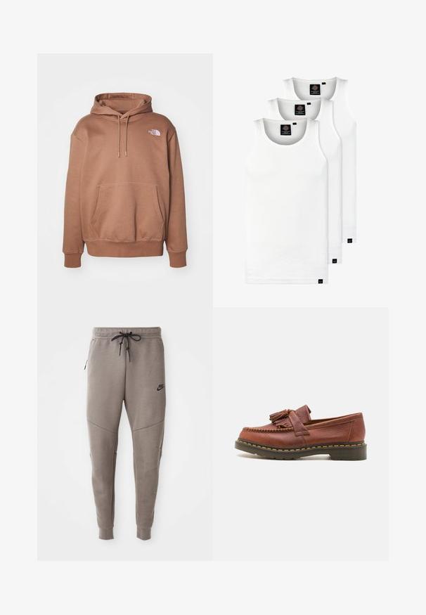 Hnedá mikina vyrobená z bavlnenej zmesi, s predným vreckom, kapucňou so šnúrkou a malým bielym logom na hrudi. Mäkká textúra.; Tri biele rebrované tielka vyrobené z bavlny. Majú okrúhly výstrih a malé čierne štítky pri leme. Dostupné v rôznych veľkostiach.; Sivé tepláky Nike s nastaviteľným pásom, zúženými nohavicami, bočnými vreckami a výrazným švom. Mäkká, textúrovaná látka.; Hnedé kožené mokasíny s cínkovými akcentmi, textúrovaný povrch a kontrastný žltý steh pozdĺž čiernej gumenej podrážky. Bočný pohľad.