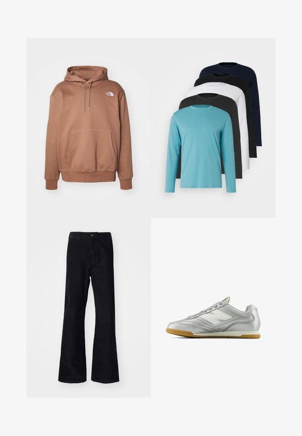 Hanorac maro din amestec de bumbac, cu o buzunar frontal, glugă cu șnur și un mic logo alb pe piept. Textură moale.; Cinco tricouri cu mânecă lungă într-o linie: turcoaz, negru, alb, gri închis și albastru marin. Material moale cu design guler rotund și croială standard.; Pantaloni negri din bumbac, cu un design evazat, talie tradițională, un singur nasture frontal și buzunare pe laterale și la spate. Textură netedă.; Cămașă sport argintie cu o suprafață netedă și strălucitoare, logo alb pe lateral, șireturi texturate gri și talpă din cauciuc de gumă.