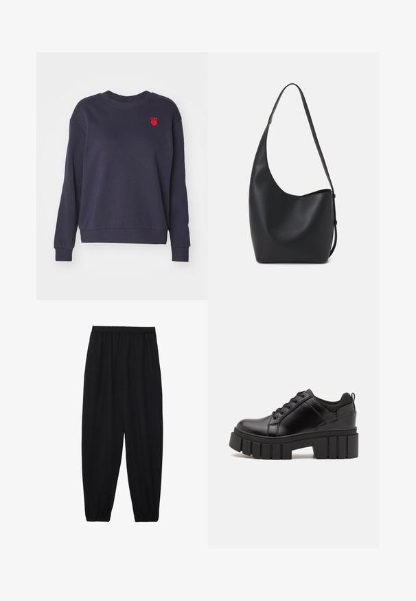 Sweatshirt azul-marinho com punhos e barra canelados. Apresenta o texto bordado em vermelho "LOVE" e um detalhe de coração no lado esquerdo do peito. Textura suave.; Calças pretas, leves, com um cinto elástico e punhos franzidos. O tecido é suave e apresenta um design relaxado e afunilado.; Sapatos de plataforma em couro preto com um salto bloco robusto, bico redondo e design clássico de atacadores. Apresentam uma textura suave e detalhes mínimos.; Saco hobo preto em pele com uma textura lisa, forma curva e uma única alça ajustável; apresenta uma abertura larga na parte de cima.