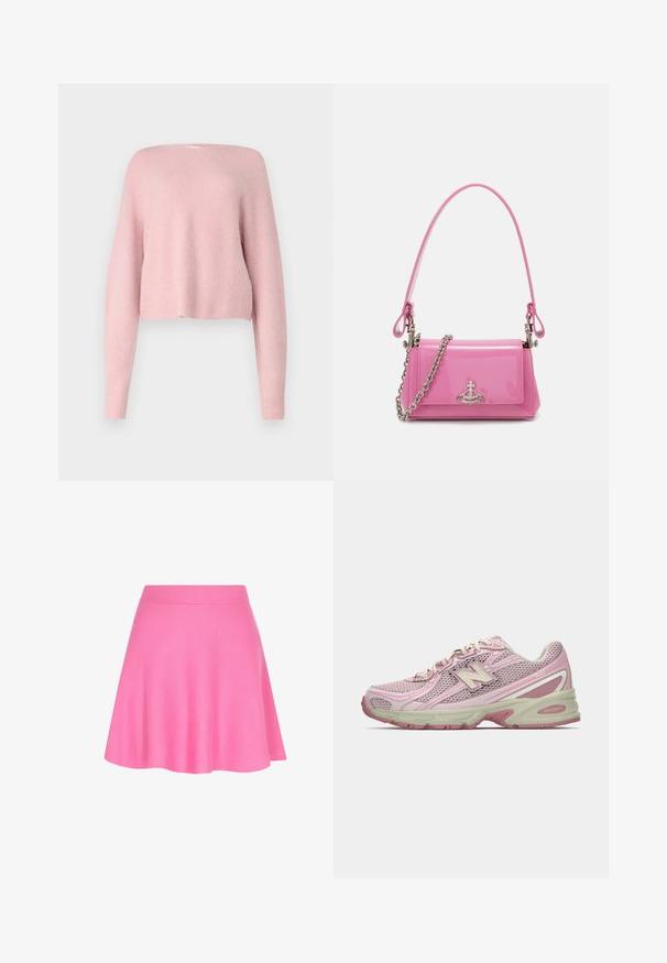 Měkký růžový pletený svetr s dlouhými rukávy, volným střihem a mírně zkráceným lemem na jednoduchém bílém pozadí.; Růžová pletená sukně s přiléhavým pasem a rozšířeným designem, vyrobená z měkké látky, která dodává hladkou texturu.; Růžové a béžové tenisky New Balance 740 s vrchní částí z polyesteru a syntetiky, se šněrováním a polstrovanou podrážkou zobrazené z boku.; Růžová lakovaná kabelka obdélníkového tvaru, odnímatelný řetízkový popruh a stříbrné kovové detaily na přední straně.