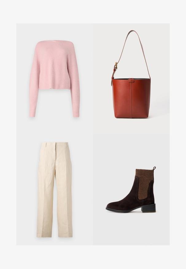 Mäkký ružový pletený sveter s dlhými rukávmi, voľného strihu a mierne skráteným lemom na jednoduchom bielom pozadí.; Béžové ľanové nohavice vo voľnom strihu, s plisovaným predným dielom a rovnými nohavicami. Majú pás s pútkami na opasok a bez viditeľných vreciek.; Hnedé semišové členkové topánky s textúrovaným hnedým rebrovaným pleteným zvrškom, hladkým povrchom, nízkym blokovým podpätkom a sťahovacou pútkom na päte pre ľahké obúvanie.; Hnedá kožená vedierková kabelka s nastaviteľným ramenným popruhom a zlatým sponou, jednoduchý vertikálny šev na prednej strane.