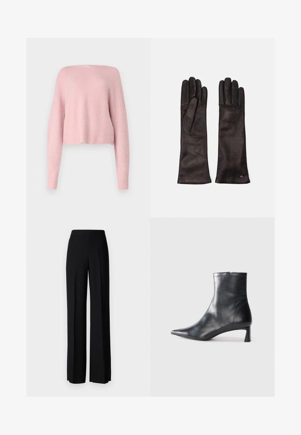 Pehmeä vaaleanpunainen neulepaita, jossa on pitkät hihat, löysä istuvuus ja hieman lyhennetty helma, valkoista taustaa vasten.; Mustat leveälahkeiset housut, joissa on sileä pinta, korkea vyötärö ja keskiset laskokset. Ei näkyviä kuvioita tai metalliosia.; Musta nahkainen nilkkabotti, jossa on teräväkärkinen muotoilu ja tyylikäs design. Varusteena matala korko ja takana vetoketjukiinnitys. Sileä pinta.; Weekend Max Mara SENAPE - Sormikkaat - nero
