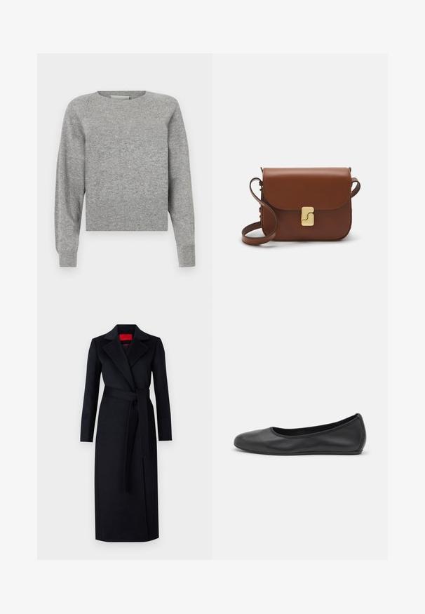 Grått stickat tröja med långa raglanärmar, rund halsringning och ribbad nederkant. Tyget har en mjuk, något strukturerad yta.; Vit kortärmad t-shirt i ribbat tyg. Rund halsringning, normal passform och diskreta sömdetaljer. Inga mönster eller tryck.; Svart trench coat med långa ärmar, omslagdesign och matchande bälte. Tillverkad av mjukt tyg, har en notch-krage och sidofickor.; Svart läderballerinaskor med rund tå, slät yta, minimala söm detaljer och en flexibel sula.; Brun läderhandväska med klaffstängning, guldfärgad hårdvara, axelrem och en slät yta. Kompakt rektangulär form.