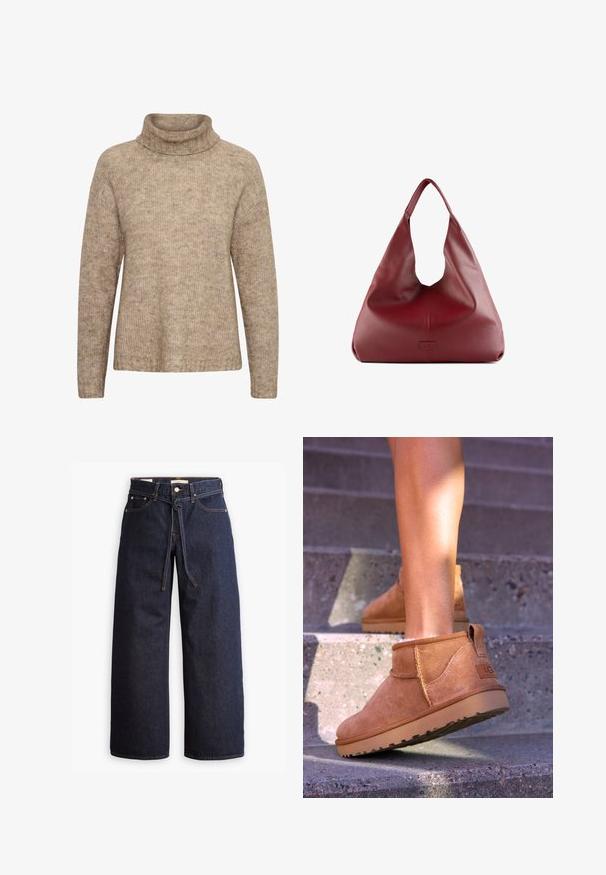 Beige sweater with a high, folded turtleneck. Made of textured knit fabric. Features long sleeves and a relaxed fit, with ribbed detailing at hem.; Long-sleeve white t-shirt made of soft cotton. Features a crew neckline and straight cut with minimal seams and no visible logos or patterns.; Wide-leg dark blue denim jeans with a high waist, featuring a drawstring tie, five pockets, and contrasting stitching details.; Tan suede ankle boots with a soft texture, stitched detailing, and a rubber sole, featuring a looped heel for easy wear.; Red leather hobo bag with a wide, slouchy design and a large opening, featuring a subtle texture and a logo embossed on the front.