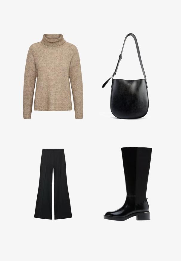 Maglione beige con collo alto ripiegato. Realizzato in tessuto a maglia testurizzata. Presenta maniche lunghe e una vestibilità rilassata, con dettagli a costine sull'orlo.; Pantaloni neri a gamba larga con una texture liscia, caratterizzati da pieghe frontali e un design sartoriale. Il tessuto è leggero e fluido.; Stivale nero fino al ginocchio in pelle liscia, con evidenti cuciture, tacco spesso e pannello posteriore testurizzato per un tocco di interesse in più.; Borsa a spalla in pelle nera con una texture liscia, forma curva, tracolla regolabile e un logo impresso in modo discreto sul davanti.