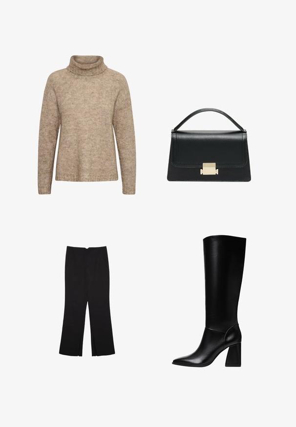 Beżowy sweter z wysokim, złożonym kołnierzem. Wykonany z teksturowanej dzianiny. Posiada długie rękawy i luźny krój, z prążkowanym wykończeniem u dołu.; Czarne spodnie o prostym kroju, z przednimi kieszeniami i bocznymi rozcięciami na dole. Wykonane z miękkiego, gładkiego materiału. Odpowiednie na różne okazje.; Stradivarius - Kozaki na obcasie; Czarna skórzana torebka o zorganizowanej konstrukcji, z górną rączką i złotym metalowym zapięciem z przodu. Gładka faktura, minimalne przeszycia.