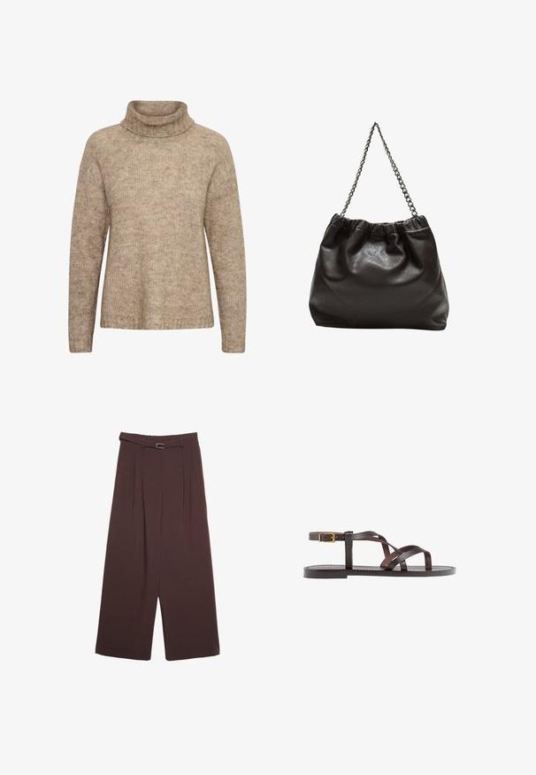 Beige Pullover mit hohem, umgeschlagenem Rollkragen. Aus strukturiertem Strickstoff gefertigt. Verfügt über lange Ärmel und eine lässige Passform, mit Rippdetails am Saum.; Stradivarius WIDE-LEG WITH BUCKLE DETAIL - Stoffhose - dark brown; Braune Leder-Sandale mit überkreuzten Riemen, einem Knöchelriemen mit Schnalle und einer flachen Sohle mit minimalen Nähdetails.; Braune Lederhandtasche mit gerafftem Oberteil und Kettenriemen. Glatte Textur mit glänzendem Finish und subtilen Nahtdetails an den Seiten.