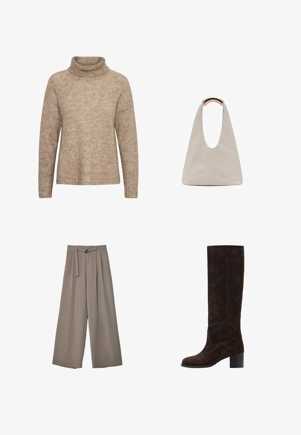 Bež pulover s visokim, preklopnim ovratnikom. Narejen je iz teksturirane pletene tkanine. Ima dolge rokave in sproščen kroj, s kostanjevim detajlom na robu.; Široke hlače iz mehke, umirjene sive tkanine, z pasom, ki ga je mogoče zavezati, in z gubami za dodatne oblikovne podrobnosti. Gladka tekstura, brez vzorcev.; Rjave semiš hlače do kolen s kvadratnim nosom in blok peto. Gladka tekstura in minimalno šivanje na zunanji strani.; Svetlo siva usnjena torba z U-oblika zasnovo in ukrivljenim kovinskim ročajem. Gladka tekstura z minimalnim šivom in brez vidnih vzorcev.