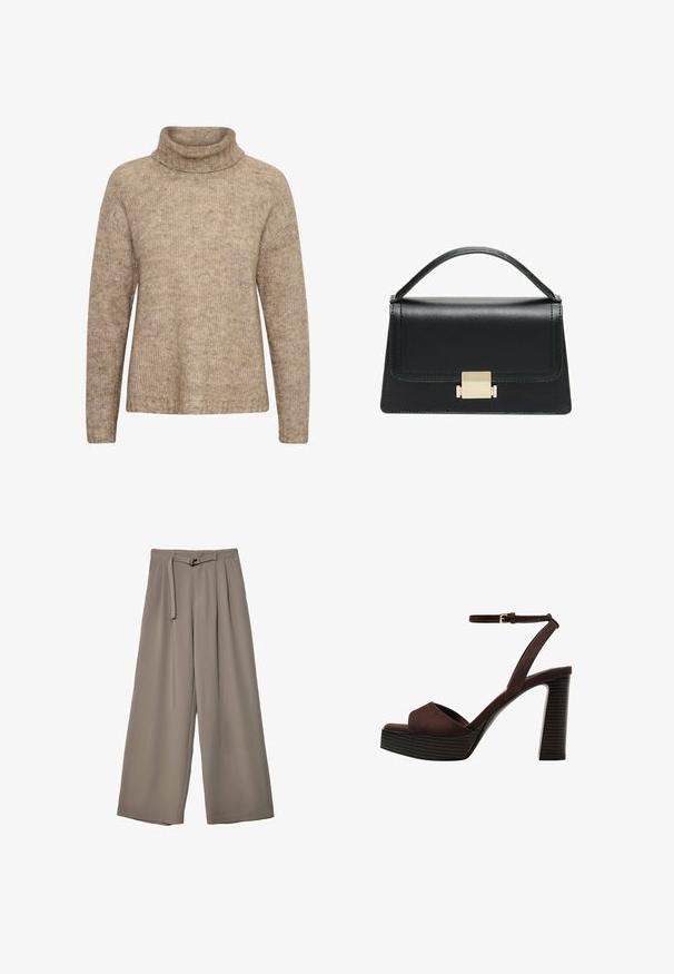 Bežový sveter s vysokým, preloženým golierom. Vyrobený z textúrovanej pleteniny. Má dlhé rukávy a uvoľnený strih, s rebrovanými detailmi na spodu.; Široké nohavice v jemnej, tlmenej šedej tkanine, s opaskom v pase a vreckami pre dodatočný dizajnový detail. Hladký povrch, bez vzorov.; Hnedé semišové sandále na vysokom podpätku s otvorenou špičkou, nastaviteľným členkovým remienkom a pruhovanou platformovou podrážkou.; Čierna kožená kabelka so štruktúrovaným prevedením, horným madlom a detailom zlatého kovového uzáveru na prednej strane. Hladká textura, minimálne šitie.