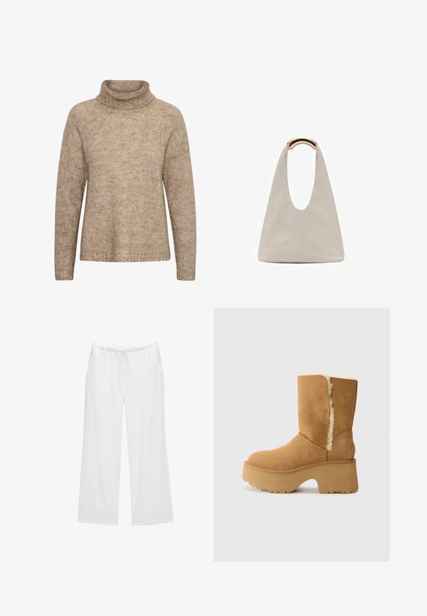Beżowy sweter z wysokim, złożonym kołnierzem. Wykonany z teksturowanej dzianiny. Posiada długie rękawy i luźny krój, z prążkowanym wykończeniem u dołu.; Białe szerokie spodnie z miękkiego materiału, z elastycznym pasem i sznurkiem do regulacji oraz dwiema bocznymi kieszeniami. Prosty i schludny design.; UGG NEW HEIGHTS CUFF koniakowy; Jasnoszara skórzana torba o kształcie litery U z zakrzywionym metalowym uchwytem. Gładka tekstura z minimalnymi szwami i bez widocznych wzorów.