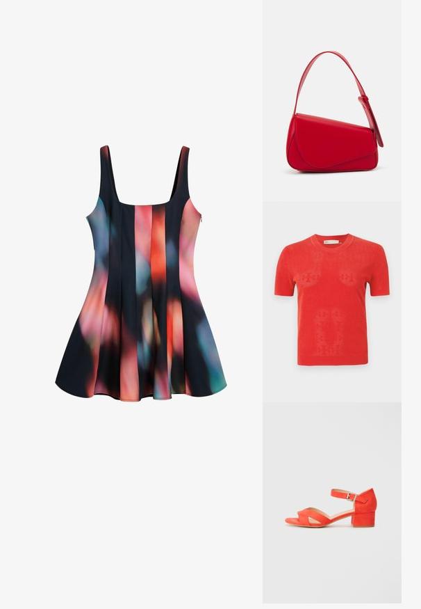 Rotes kurzärmliges Strick-T-Shirt mit einem perforierten Design. Hat einen runden Ausschnitt und einen geraden Saum. Das Material wirkt leicht und atmungsaktiv.; Schwarzes Kleid mit buntem abstraktem Muster in den Farbtönen Rot, Blau und Pink. Ausgestellter Saum, runder Ausschnitt und verstellbare Träger.; Orangene Wildledersandale mit Blockabsatz, ausgestattet mit überkreuzten Riemen und einem Knöchelriemen mit einer silbernen Schnalle. Flache Sohle.; Rote Lederhandtasche mit einem kantigen, geometrischen Design. Verfügt über einen verstellbaren Schulterriemen und einen Klappenverschluss mit genähten Details.