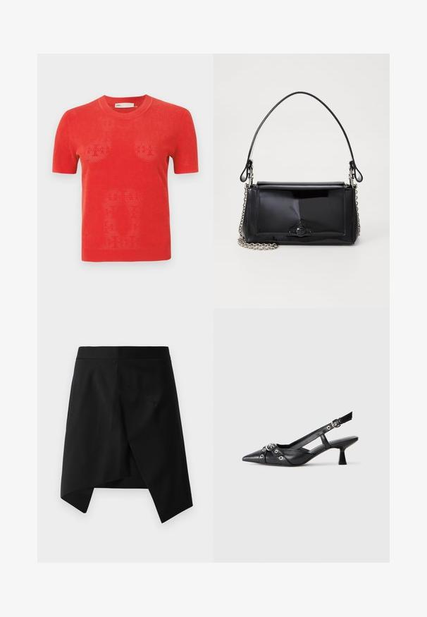 Rotes kurzärmliges Strick-T-Shirt mit einem perforierten Design. Hat einen runden Ausschnitt und einen geraden Saum. Das Material wirkt leicht und atmungsaktiv.; Schwarzer asymmetrischer Rock mit glatter Textur, ausgestattet mit einem scharfen, dreieckigen Saum und minimalistischer Gestaltung. Flacher Bund, keine sichtbaren Beschläge.; Schwarzer Leder-Slingback-Schuh mit spitz zulaufender Zehenpartie, dekorativen Riemen mit METALLÖSEN und niedrigem Blockabsatz. Strukturelle Oberfläche.; Schwarze Lackleder-Handtasche mit rechteckiger Form, Kettenriemen und einem markanten Hardware-Akzent in der Mitte. Glatte Textur.