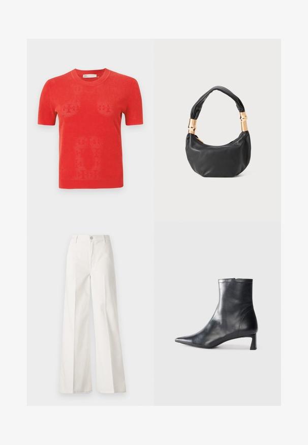 Sarkans īsām piedurknēm adīts T-krekls ar perforētu dizainu. Tam ir apaļa kakla izgriezuma un taisna apakšmalu. Materiāls šķiet viegls un elpojošs.; Baltas platfita bikses, izgatavotas no kokvilnas ar gludu tekstūru. Aprīkotas ar priekšējo pogu, rāvējslēdzēju un četru kabatu dizainu.; Melnas ādas potītes zābaki ar norādītu pirkstu un elegantu dizainu. Iezīmē zemu papēdi un rāvējslēdzēja aizdari aizmugurē. Gluda tekstūra.; Melnas ādas rokassoma ar apaļu formu, mīkstu tekstūru un mezgla rokturi, kas rotāts ar zelta tonētiem aksesuāriem. Ar rāvējslēdzēja aizdari.