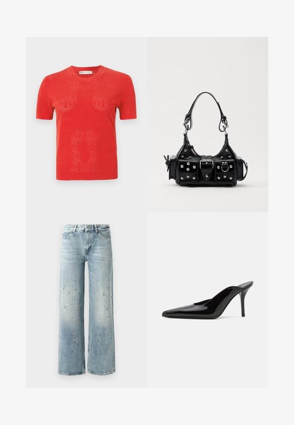 Piros, rövid ujjú, kötött póló perforált mintával. Kerek nyakkivágással és egyenes szegéllyel rendelkezik. Az anyaga könnyűnek és légáteresztőnek tűnik.; Világoskék, bő szárú farmernadrág, amelynek gradiens színátmenete van, és ezüst strasszok díszítik függőleges mintában.; Fekete lakkbőr magas sarkú mules cipő, hegyes orral és karcsú sz Siluettel, nyitott hátsó résszel és vékony stilettó sarokkal.; Fekete bőr kézitáska ívelt designnal, ezüst szegecsekkel, csattal és két oldalsó zsebbel. Állítható vállpánt a hordozási lehetőségekhez.