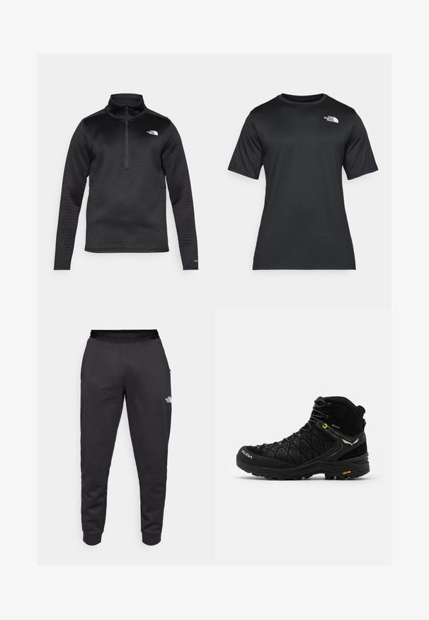 Pullover in fleece nero con un motivo texturizzato a griglia, collo con zip a un quarto e logo sul lato sinistro del petto. Maniche lunghe e tessuto flessibile.; T-shirt nero a maniche corte realizzato in tessuto leggero e traspirante. Presenta un logo bianco sul lato sinistro del petto e un collo a giro.; Pantaloni della tuta neri realizzati in tessuto liscio, con un design affusolato, vita elasticizzata e dettaglio del logo sulla gamba destra.; Stivale da escursionismo nero con parte superiore testurizzata, punta rinforzata e suola Vibram. Il sistema di allacciatura comprende ganci per una vestibilità sicura.