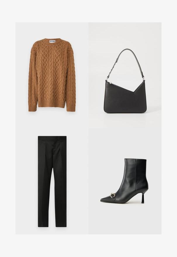 MOSCHINO MAGLIA - Strickpullover - marrone; Schwarze Hose aus glattem Stoff, maßgeschneidertem Design, mit geraden Beinen und einem flachen Bund ohne sichtbare Verschlüsse oder Taschen.; Schwarze Leder-Stiefelette mit spitzer Zehe, schlankem, mittelhohem Absatz und silberner Schnalle seitlich vor einem schlichten Hintergrund.; Schwarze Lederhandtasche in dreieckiger Form, mit schmalem Tragegurt und silbernem Zubehör. Sie verfügt über einen Reißverschluss und ein geprägtes Logo auf der Vorderseite.
