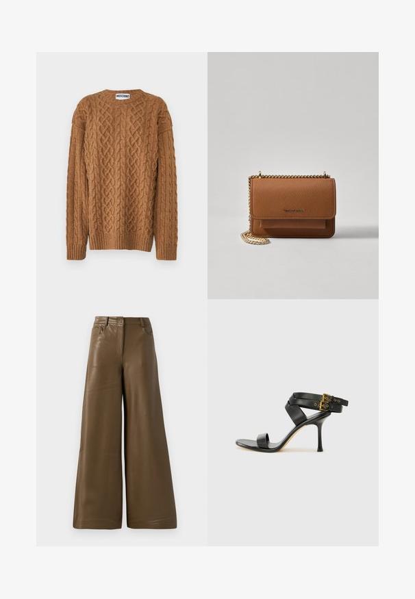 MOSCHINO MAGLIA - Camisola - marrone; Calças de perna larga feitas de imitação de pele castanha e lisa. Apresenta uma cintura alta, quatro bolsos e um fecho de correr à frente. Textura lisa e design minimalista.; Sandal preto de salto alto com tiras cruzadas e fivela ajustável. Apresenta uma textura suave e um salto agulha afilado.; Bolsa crossbody de couro texturizado castanho com alça de corrente dourada e fecho com aba. A parte da frente apresenta detalhe do logótipo e um bolso sob a aba.