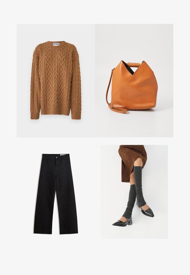 MOSCHINO MAGLIA - Pulover - marrone; Pantaloni din denim negri cu picioare largi, cu talie înaltă, având buzunare frontale și posterioare, cusături dublate și închidere cu nasture. Textură netedă.; Pantofi negri din piele lacuită, cu vârful ascuțit, toc bloc și curea la glezna, asortați cu jambiere gri cu nervuri și o fustă din suede maro.; Geantă din piele maro cu un design unic în pliuri triangulare, mână superioară și curea de umăr detasabilă, pe fundal alb.